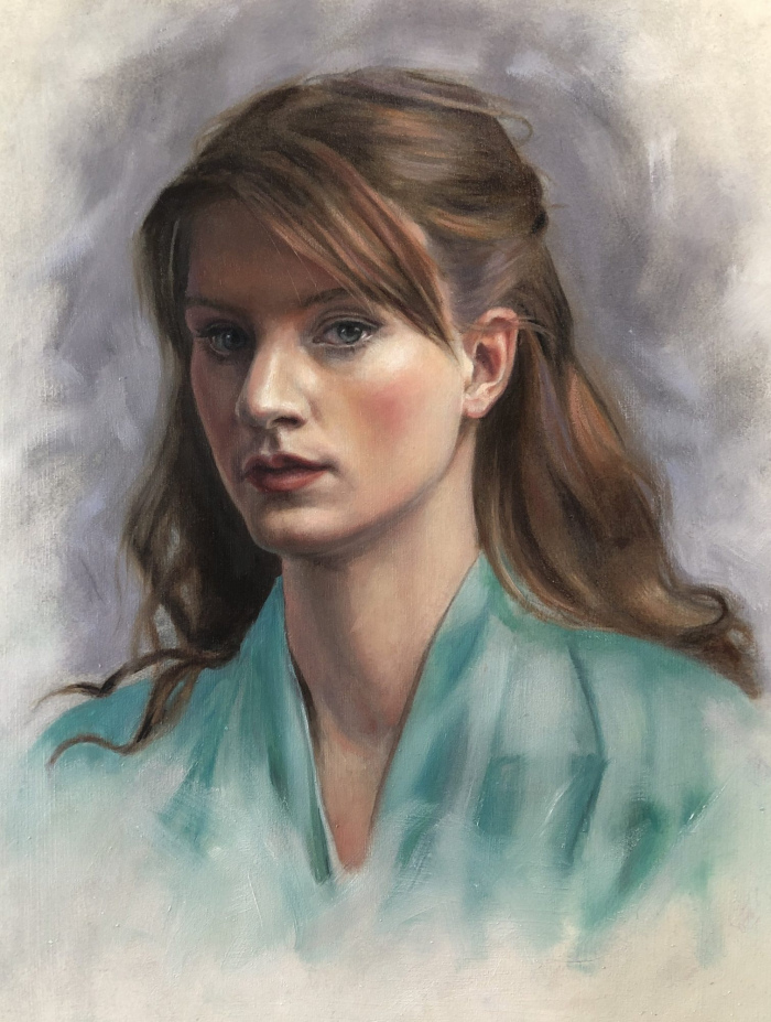 Oil portrait over drawing on paper