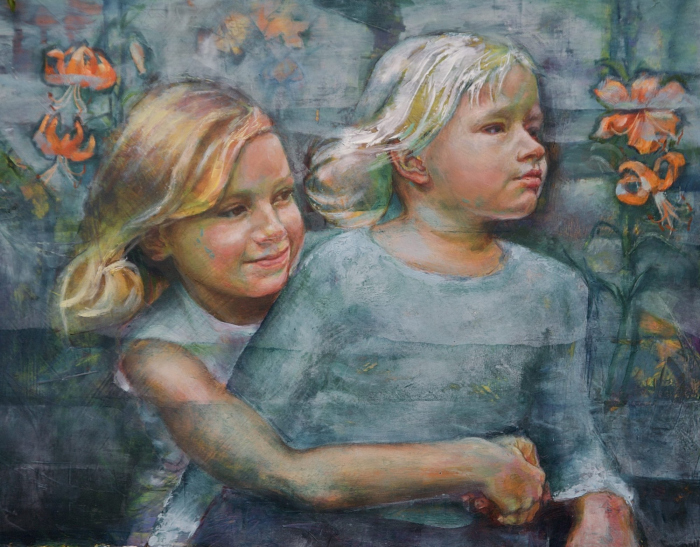 Tiger Lilies-double oil portrait of two young girls by Angela Jackson