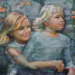 Tiger Lilies-double oil portrait of two young girls by Angela Jackson