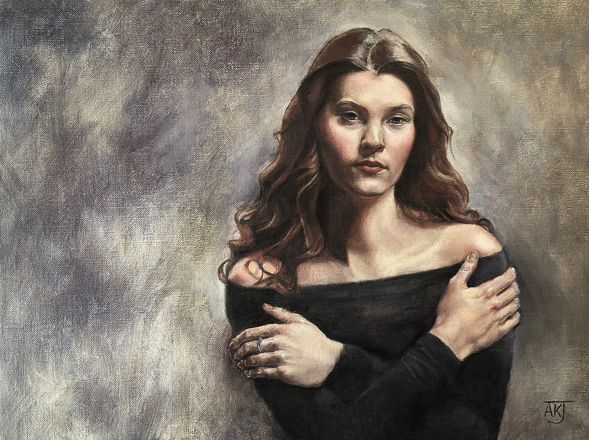 Painting- landscape format oil portrait in limited palette on linen of young woman